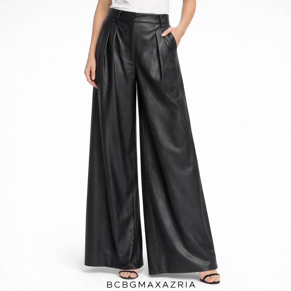 BCBGMAXAZRIA Black Faux Leather Wide Leg Palazzo Pants High Rise Size 6 NWT